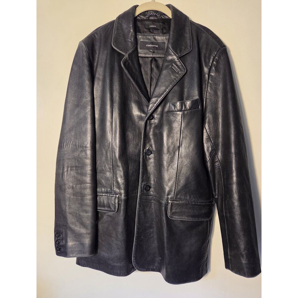 Claiborne Mens Genuine Lambskin Leather Black 3 Button Jacket Blazer Sz M